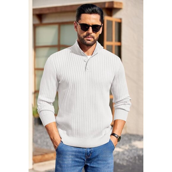 Men's Quarter Button Sweater Long Sleeve Stand Collar Sweater Knitted White - Picture 2 of 5